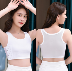 White chest binder with side hook-and-eye closure, front and back view on model