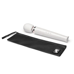 White Le Wand massager beside a slim black zippered storage pouch with logo badge