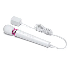 White Le Wand Petite massager with long power cord and compact wall adapter plug included