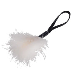 White marabou feather tickler shown from rear angle, highlighting fluffy rounded feather cluster