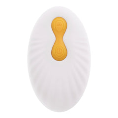 White oval wireless remote control with two gold buttons for speed and function control
