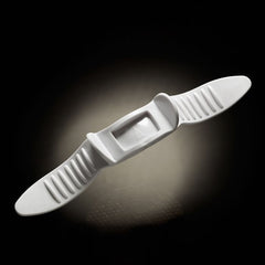 White plastic comfort strap with ribbed grip pads and central buckle clasp for secure fit