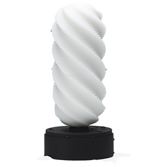 White spiral-textured sleeve standing upright on its black display base