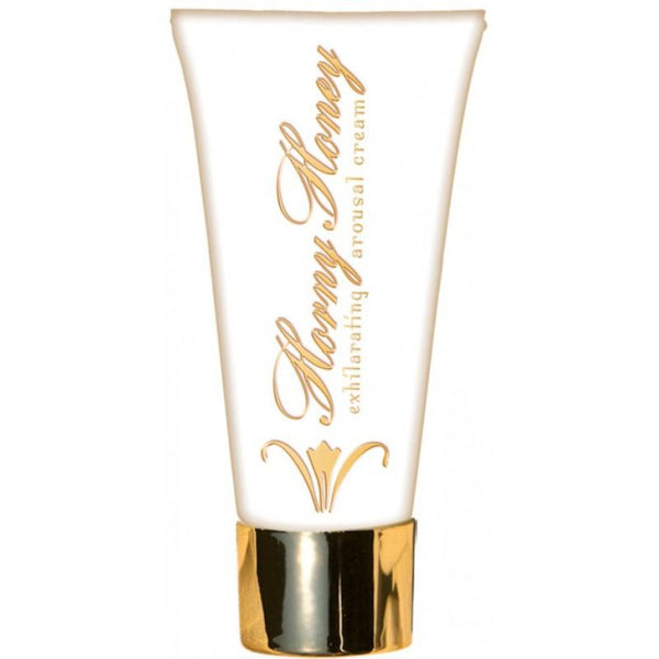 White squeeze tube with gold cap and scripted Horny Honey exhilarating arousal cream label