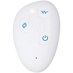 White wireless remote control with power, vibration, and rotation buttons for the vibrator
