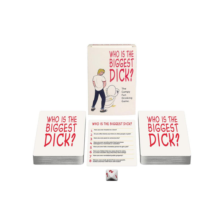 Who Is the Biggest Dick drinking game box, two card decks, question card, and white die displayed