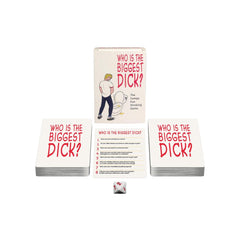 Who Is the Biggest Dick drinking game box, two card decks, question card, and white die displayed