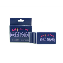 Who is the Biggest Pervert box beside a spread of navy-backed cards showing front and back design