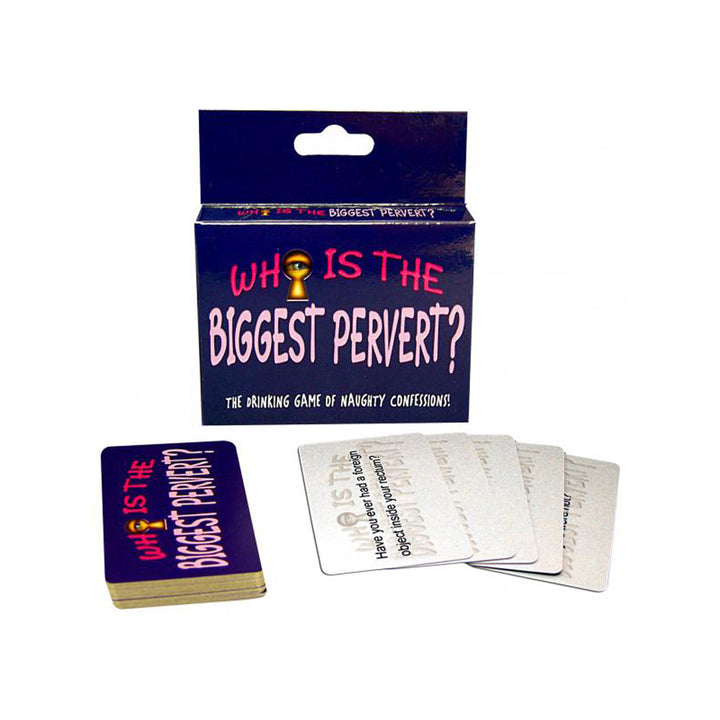 Who is the Biggest Pervert card game box with deck and fanned question cards on white background