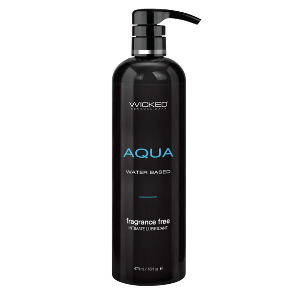 Wicked Aqua 16 oz water-based intimate lubricant in a sleek black pump bottle