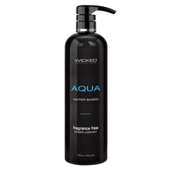 Wicked Aqua 16 oz water-based intimate lubricant in a sleek black pump bottle
