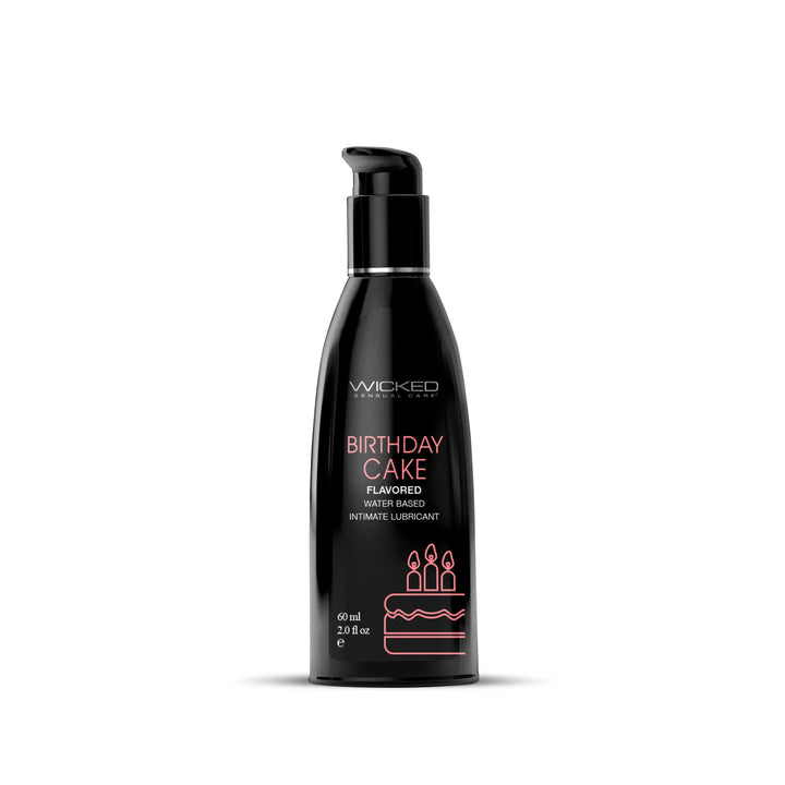 Wicked Aqua Birthday Cake flavored water-based lubricant in a black 2 oz pump bottle