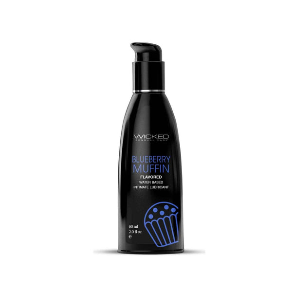 Wicked Aqua Blueberry Muffin 2 oz water-based flavored lubricant in a sleek black pump bottle