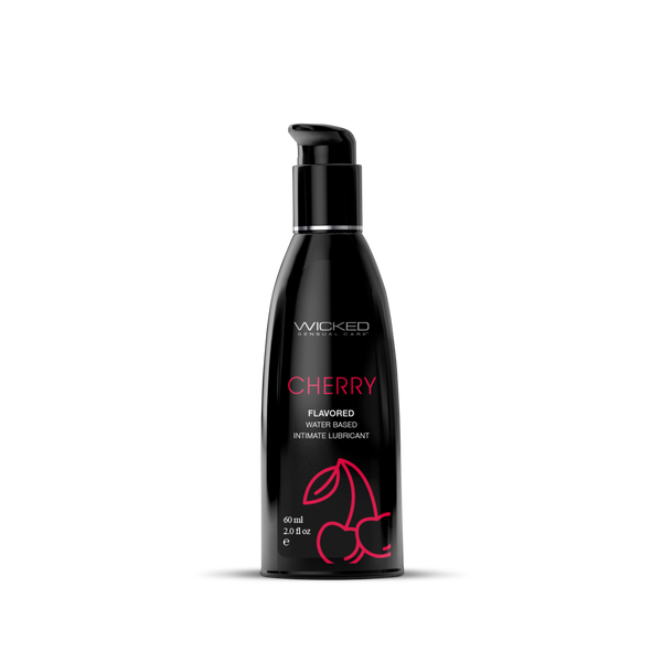 Wicked Aqua Cherry 2oz water-based flavored lubricant in a sleek black pump bottle