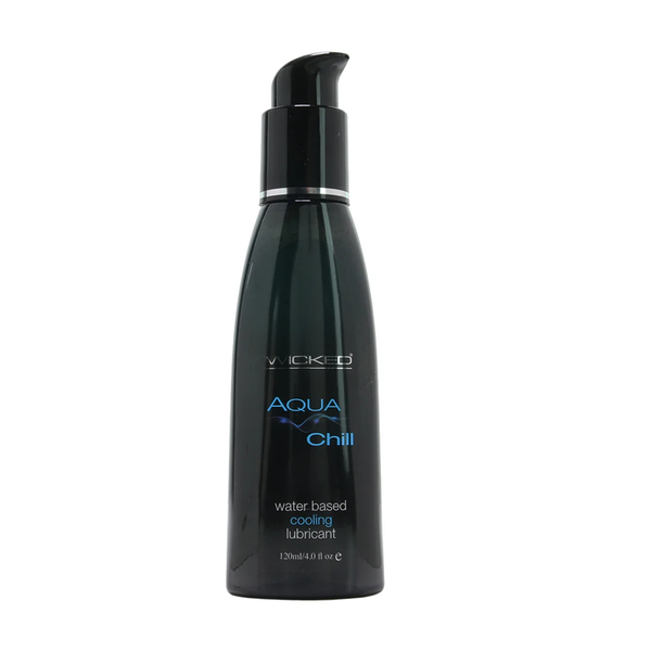 Wicked Aqua Chill 4oz water-based cooling lubricant in dark pump bottle