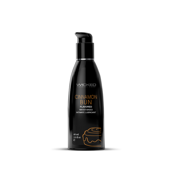 Wicked Aqua Cinnamon Bun 2 oz water-based flavored lubricant in a sleek black pump bottle