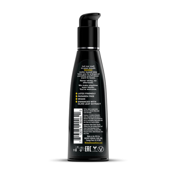 Wicked Aqua Mango lubricant back label showing latex-free and vegan icons on black bottle