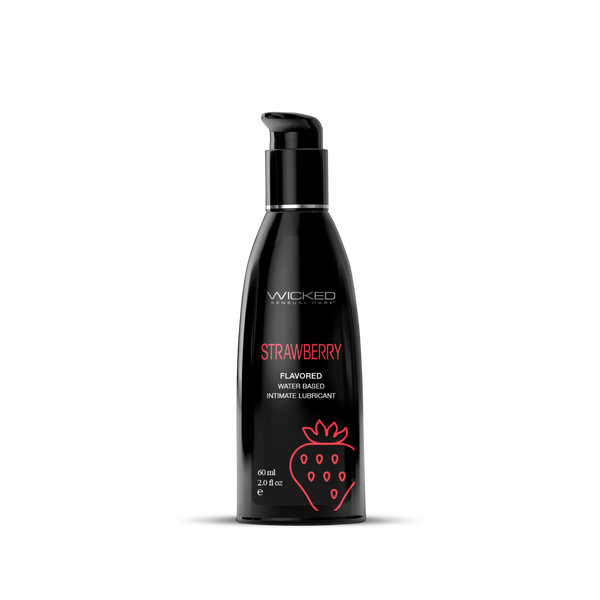 Wicked Aqua Strawberry 2oz water-based flavored lubricant in a sleek black pump bottle