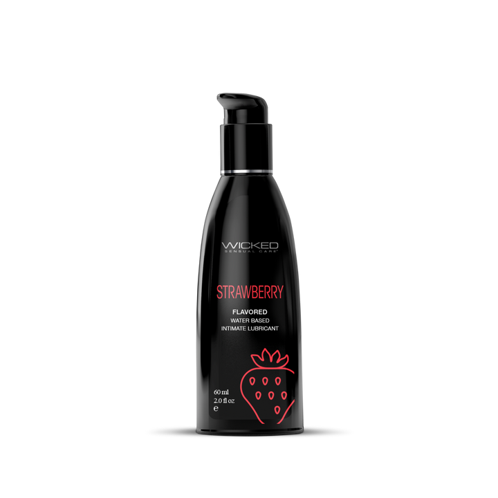 Wicked Aqua Strawberry 2oz water-based flavored lubricant in a sleek black pump bottle