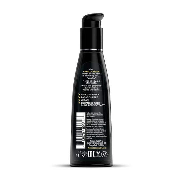 Wicked Aqua Vanilla Bean lubricant back label showing vegan and latex-friendly icons
