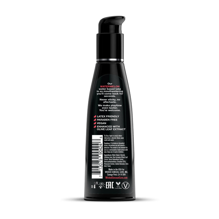 Wicked Aqua Watermelon Lubricant back label showing vegan and paraben-free icons