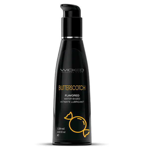 Wicked Butterscotch flavored water-based intimate lubricant in a black 4 oz pump bottle