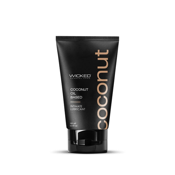 Wicked Coconut Oil intimate lubricant 4 oz in sleek matte black squeeze tube