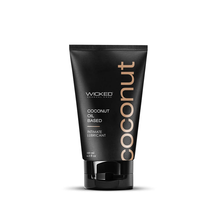 Wicked Coconut Oil intimate lubricant 4 oz in sleek matte black squeeze tube