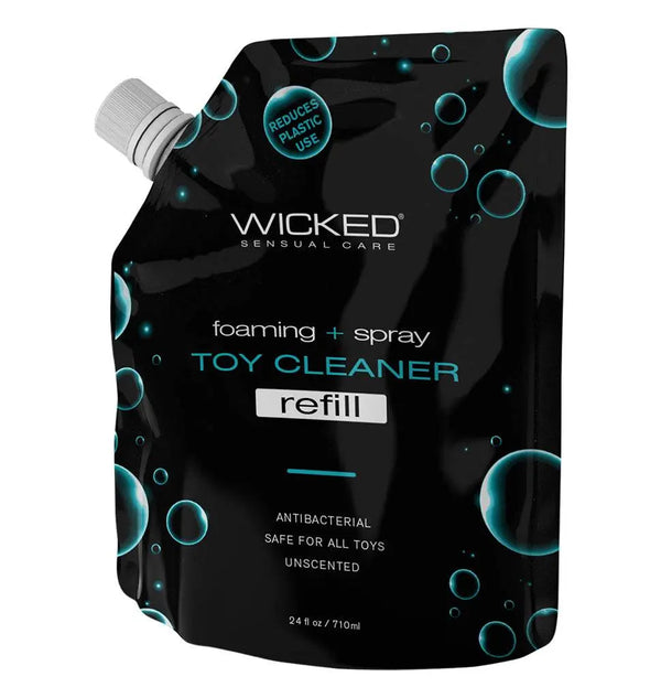 Wicked Foaming Toy Cleaner 24 oz black refill pouch with teal bubble design and twist spout