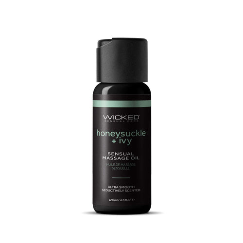Wicked Honeysuckle & Ivy Sensual Massage Oil 4oz in a sleek dark pump bottle