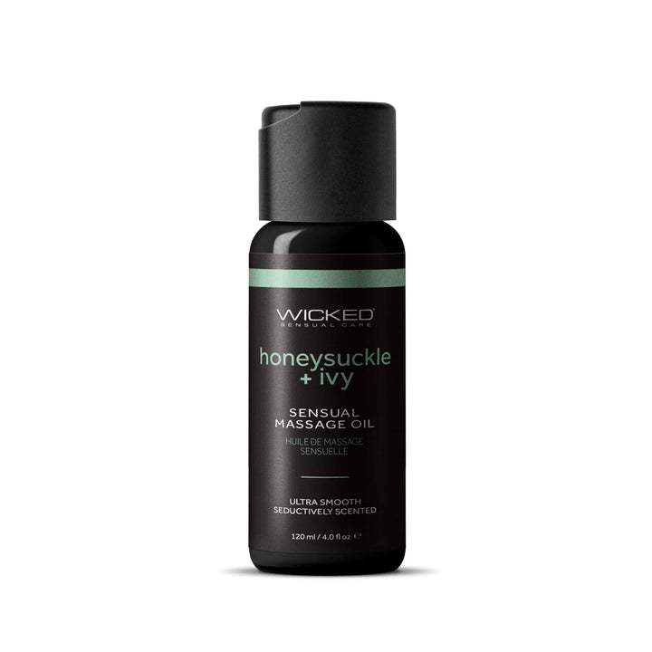 Wicked Honeysuckle & Ivy Sensual Massage Oil 4oz in a sleek dark pump bottle