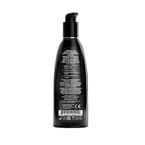 Wicked Hybrid Lube back label showing vegan, paraben-free, and toy-safe details