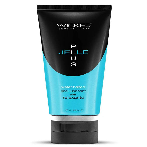 Wicked Jelle Plus water-based anal lubricant, 4 oz teal and black squeeze tube