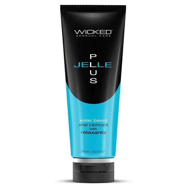Wicked Jelle Plus water-based anal lubricant, 8 oz black and teal squeeze tube, front view