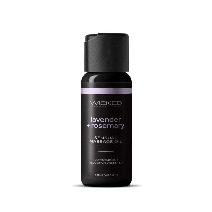 Wicked Lavender & Rosemary Sensual Massage Oil in a 4 oz dark pump bottle