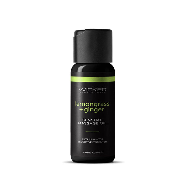 Wicked Lemongrass & Ginger Sensual Massage Oil 4 oz black pump bottle, front view