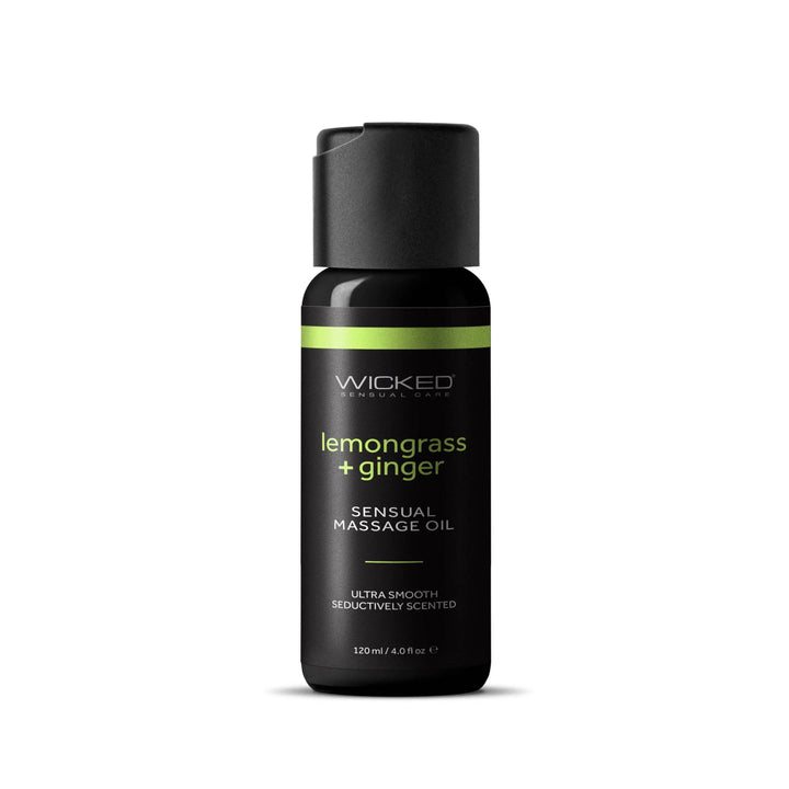 Wicked Lemongrass & Ginger Sensual Massage Oil 4 oz black pump bottle, front view
