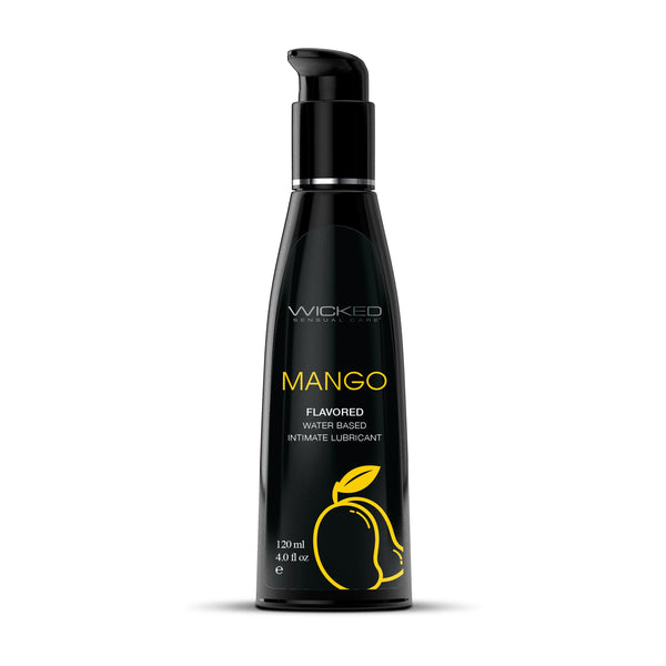 Wicked Mango flavored water-based intimate lubricant in sleek black pump bottle, 120ml