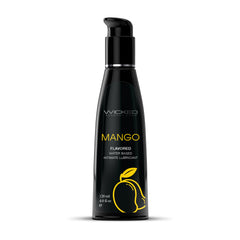 Wicked Mango flavored water-based intimate lubricant in sleek black pump bottle, 120ml