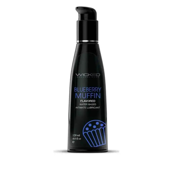 Wicked Aqua Blueberry Muffin flavored water-based lubricant in a 4 oz black pump bottle