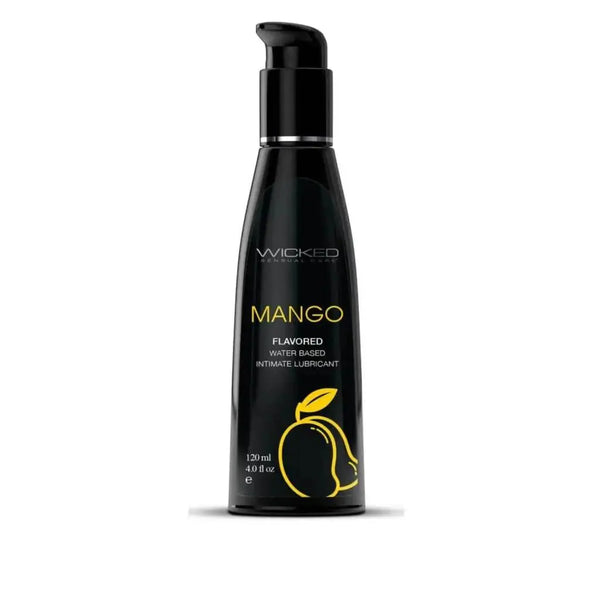 Wicked Aqua Mango flavored water-based intimate lubricant in a sleek 4 oz black pump bottle