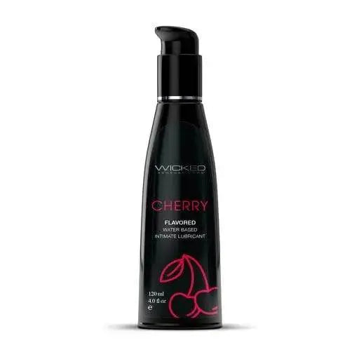 Wicked Aqua Cherry Flavored Lubricant in a sleek black pump bottle, 4 oz water-based formula