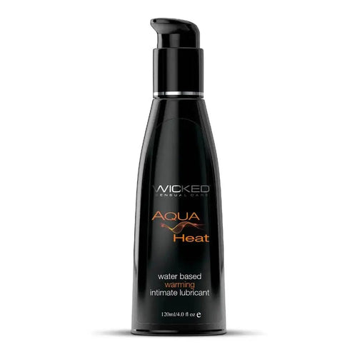 Wicked Aqua Heat warming water-based lubricant in a sleek black 120ml pump bottle
