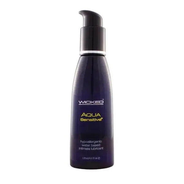Wicked Aqua Sensitive water-based lubricant in a sleek dark blue pump bottle, 4 oz