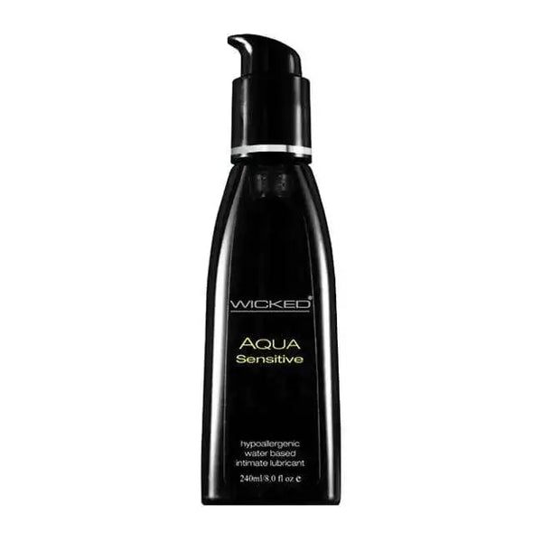 Wicked Aqua Sensitive water-based lubricant in a sleek black 8 oz pump bottle