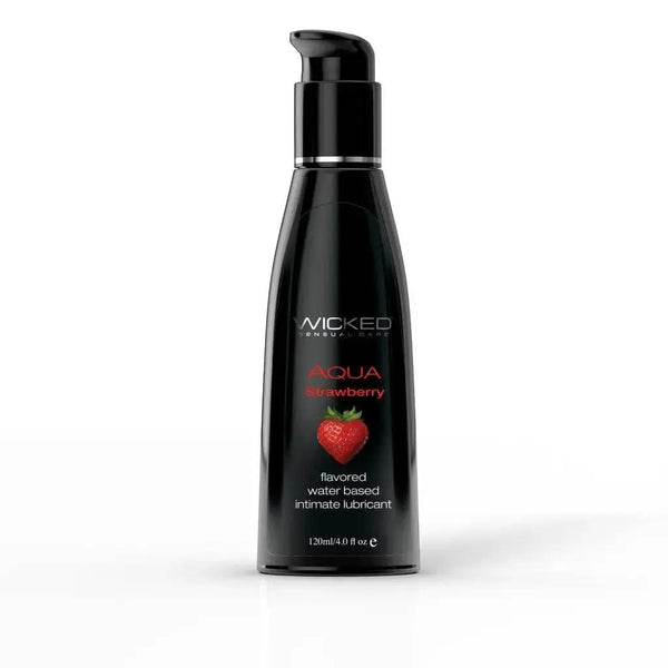 Wicked Aqua Strawberry water-based intimate lubricant in a sleek black 4 oz pump bottle