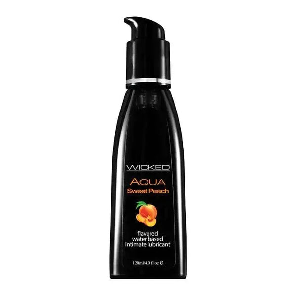 Wicked Aqua Sweet Peach flavored water-based lubricant in a sleek black pump bottle, 4 oz