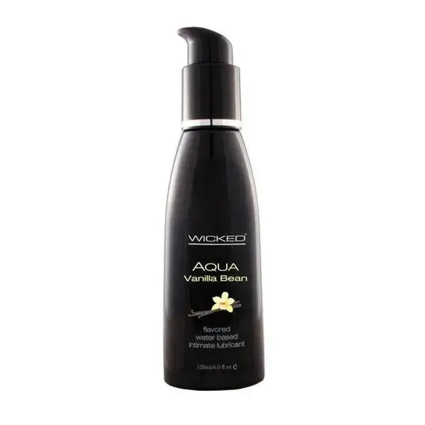 Wicked Aqua Vanilla Bean flavored water-based lubricant in a sleek black pump bottle, 4 oz