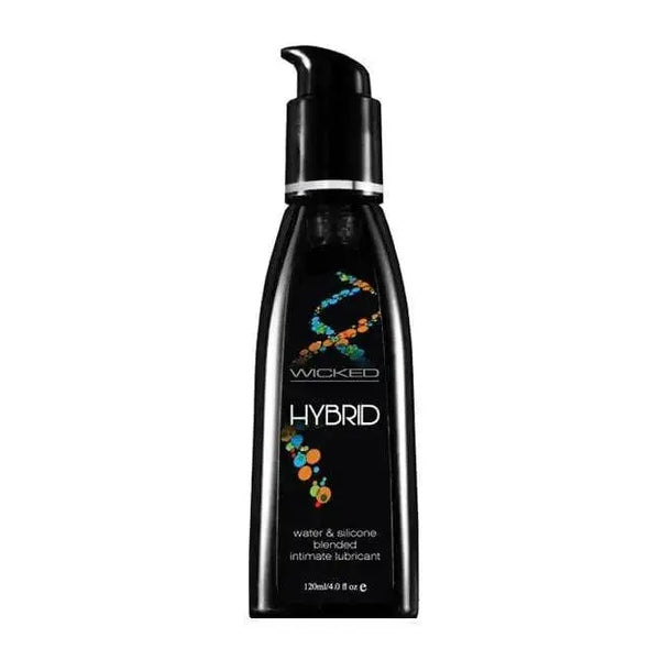 Wicked Hybrid lubricant in a sleek black pump bottle, water and silicone blended formula, 4 oz