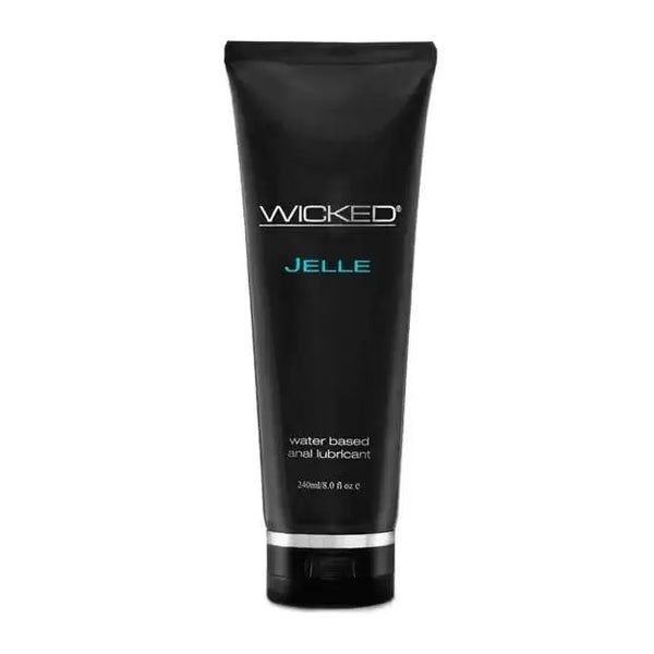 Wicked Jelle water-based anal lubricant in a sleek 8 oz black squeeze tube
